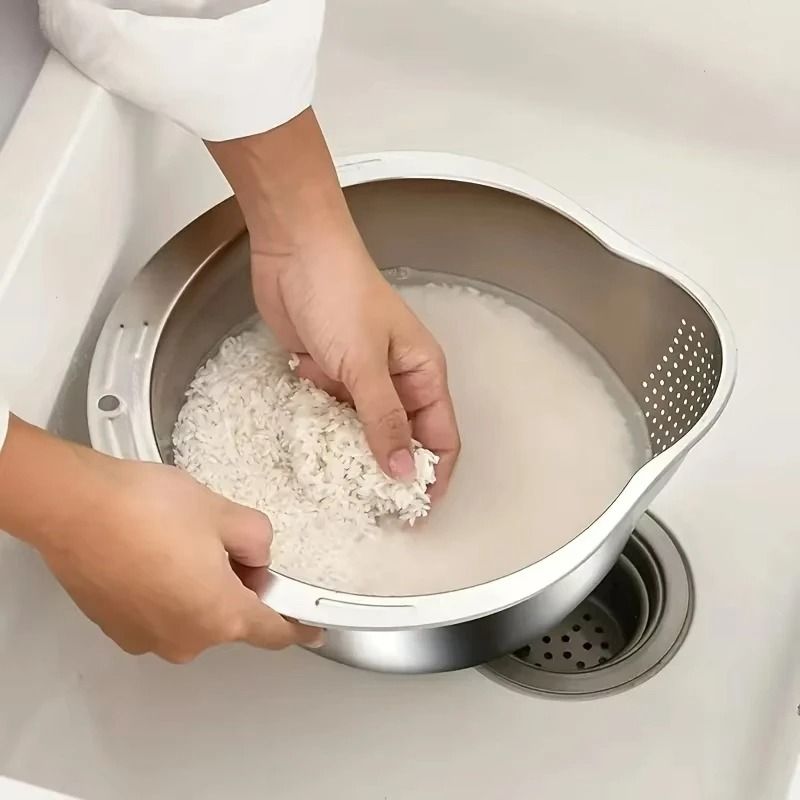Stainless Steel Rice Washing Bowl And Strainer For Fruits And Vegetables 4