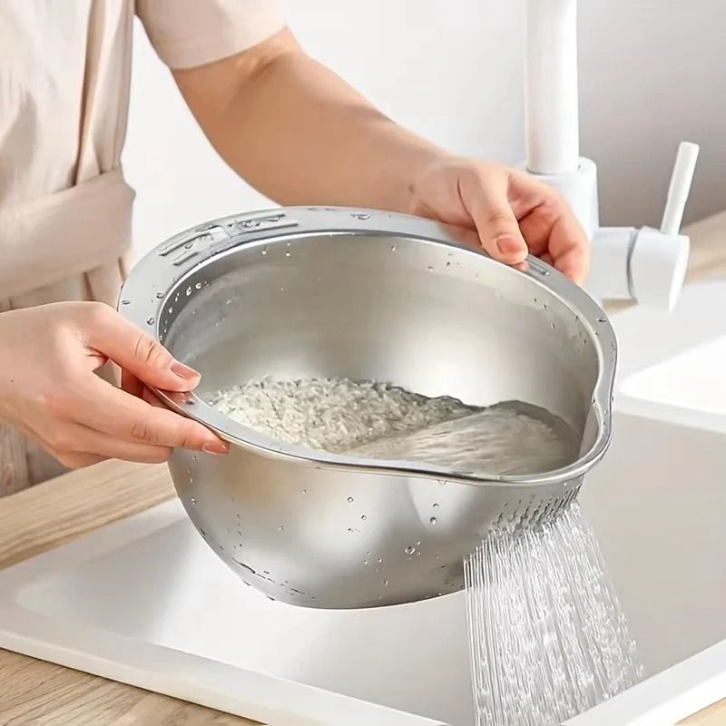 Stainless Steel Rice Washing Bowl And Strainer For Fruits And Vegetables 5