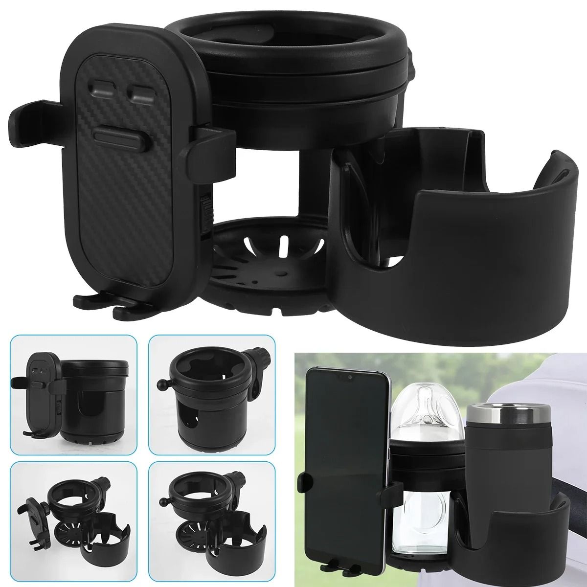 3in1 Universal Stroller Cup Holder With 360 Rotating Phone Mount  Double Bottle Organizer For Baby  1