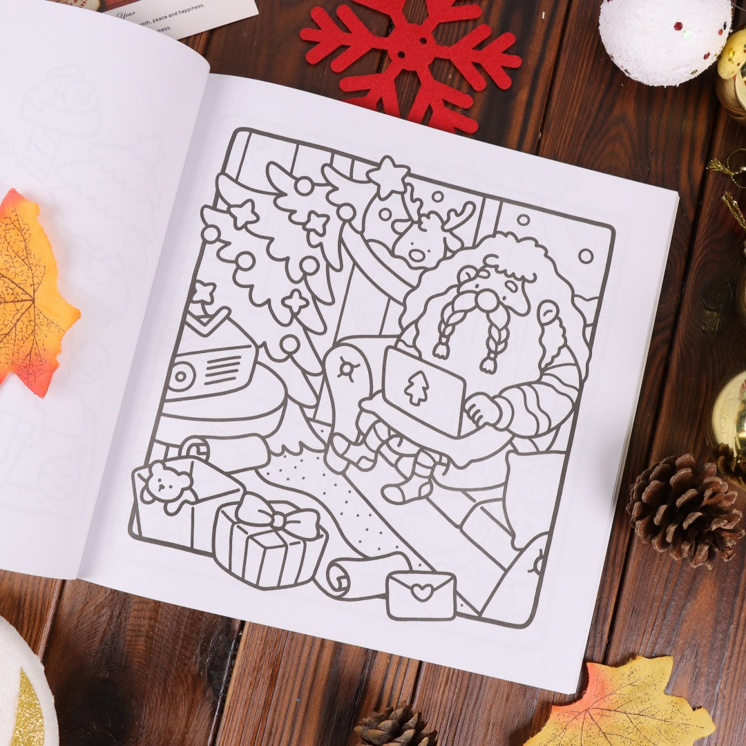 Cozy Christmas Coloring Book, Educational Montessori Drawing Toy, Cartoon Stress Relief Paperback, Painting Gift