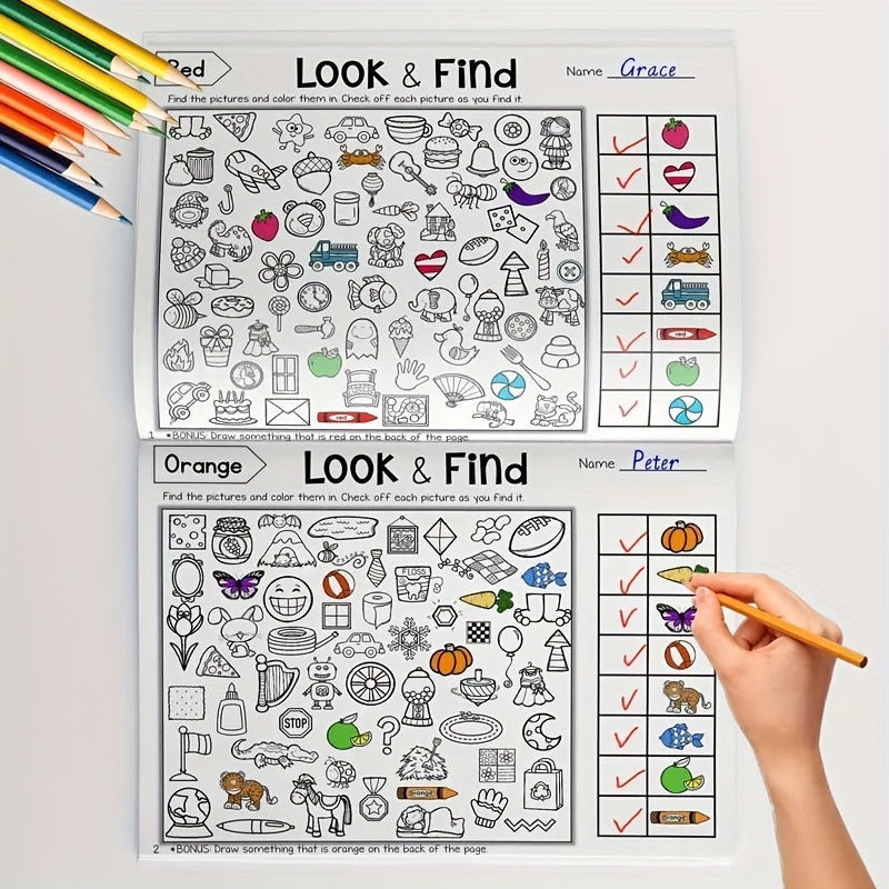 Interactive Seek And Find Coloring Book, Educational Puzzle Workbook for Kids, Alphabet, Number, and Pinyin Activity
