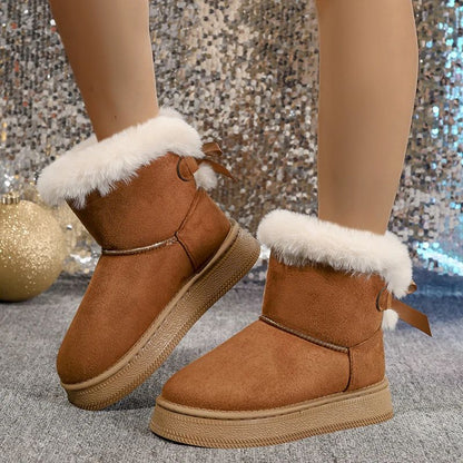 Fashionable Round Toe Snow Boots, Winter Warm Velvet, Soft Flat Bow Shoes for Women Students