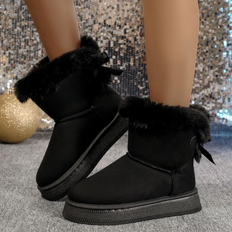Fashionable Round Toe Snow Boots Winter Warm Velvet Soft Flat Bow Shoes For Women Students 6