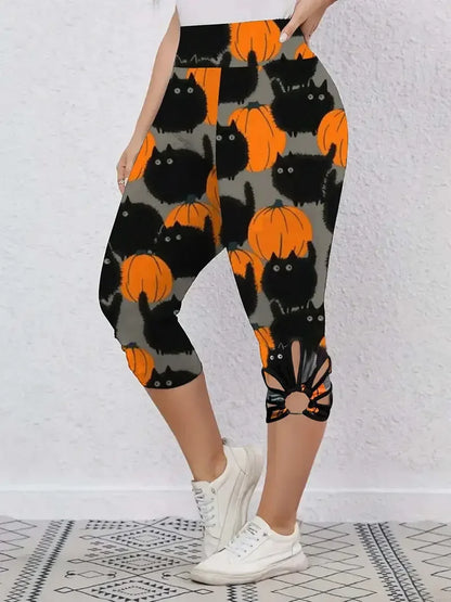 New Women's Fashion Capri Leggings, High Rise, Allover Cat and Pumpkin Print, Cut Out Design