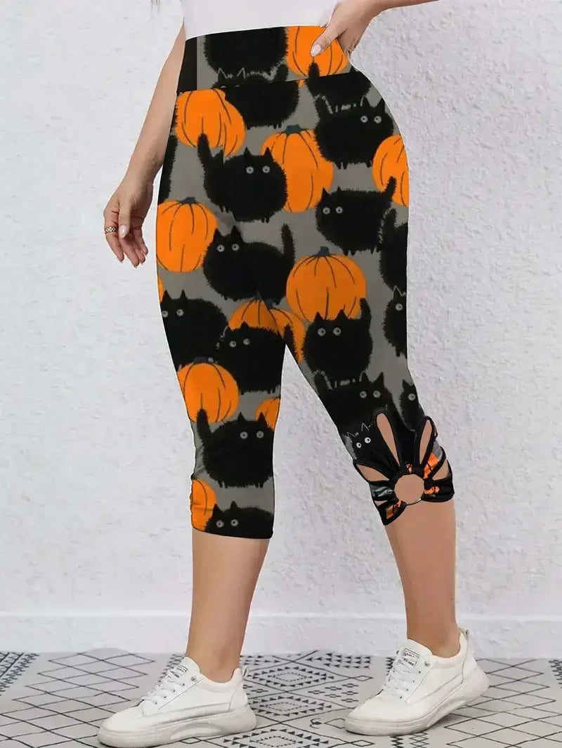 New Womens Fashion Capri Leggings High Rise Allover Cat And Pumpkin Print Cut Out Design 1