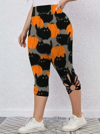 New Womens Fashion Capri Leggings High Rise Allover Cat And Pumpkin Print Cut Out Design 1