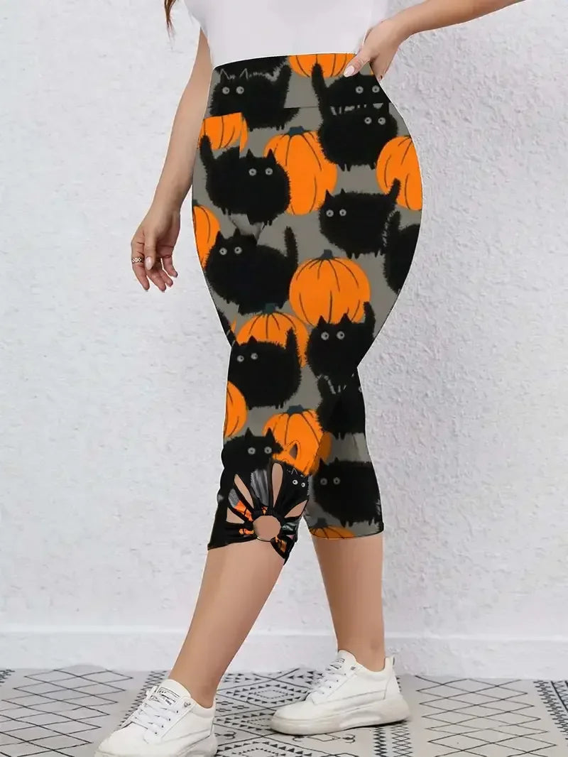 New Womens Fashion Capri Leggings High Rise Allover Cat And Pumpkin Print Cut Out Design 2