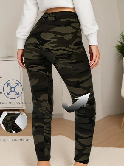 Women's Plus Size Leggings, Super Elastic Camo, Military Green Cropped Pants, Soft Sports Outerwear