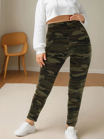 Women's Plus Size Leggings, Super Elastic Camo, Military Green Cropped Pants, Soft Sports Outerwear