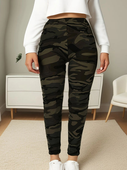 Women's Plus Size Leggings, Super Elastic Camo, Military Green Cropped Pants, Soft Sports Outerwear
