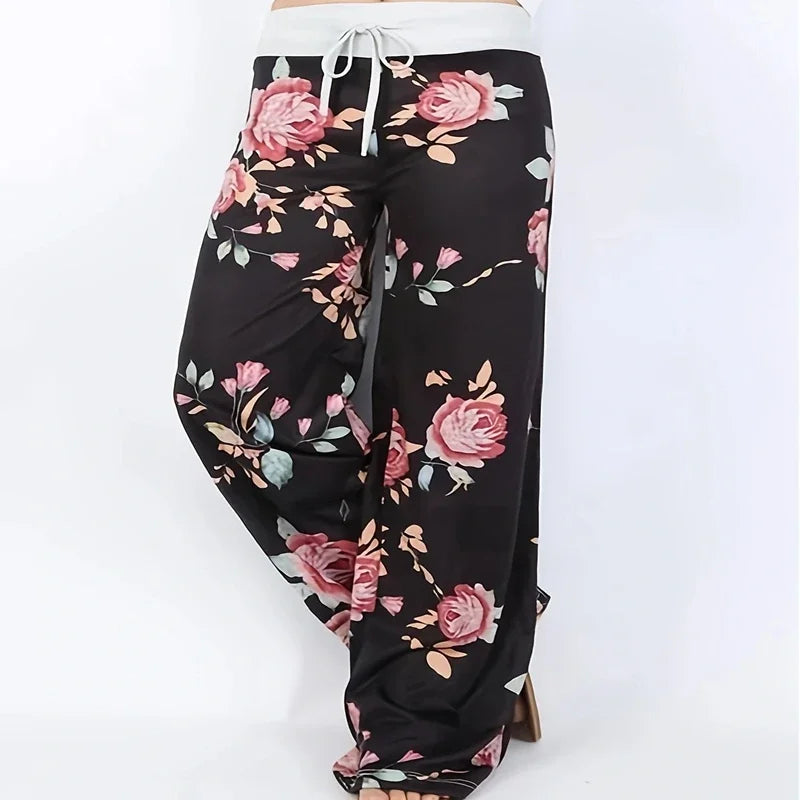 Women's Printed Wide Leg Pants, Loose and Comfortable Yoga Pants with Drawstring, Casual Comfort Wear