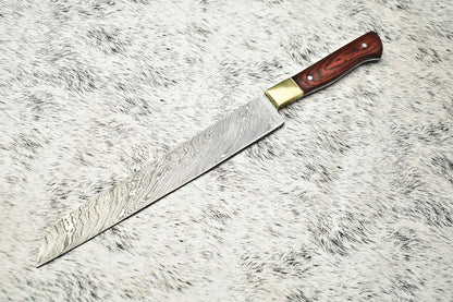 14" Custom Handmade Damascus Steel Chef Knife with Leather Sheath | Full Tang