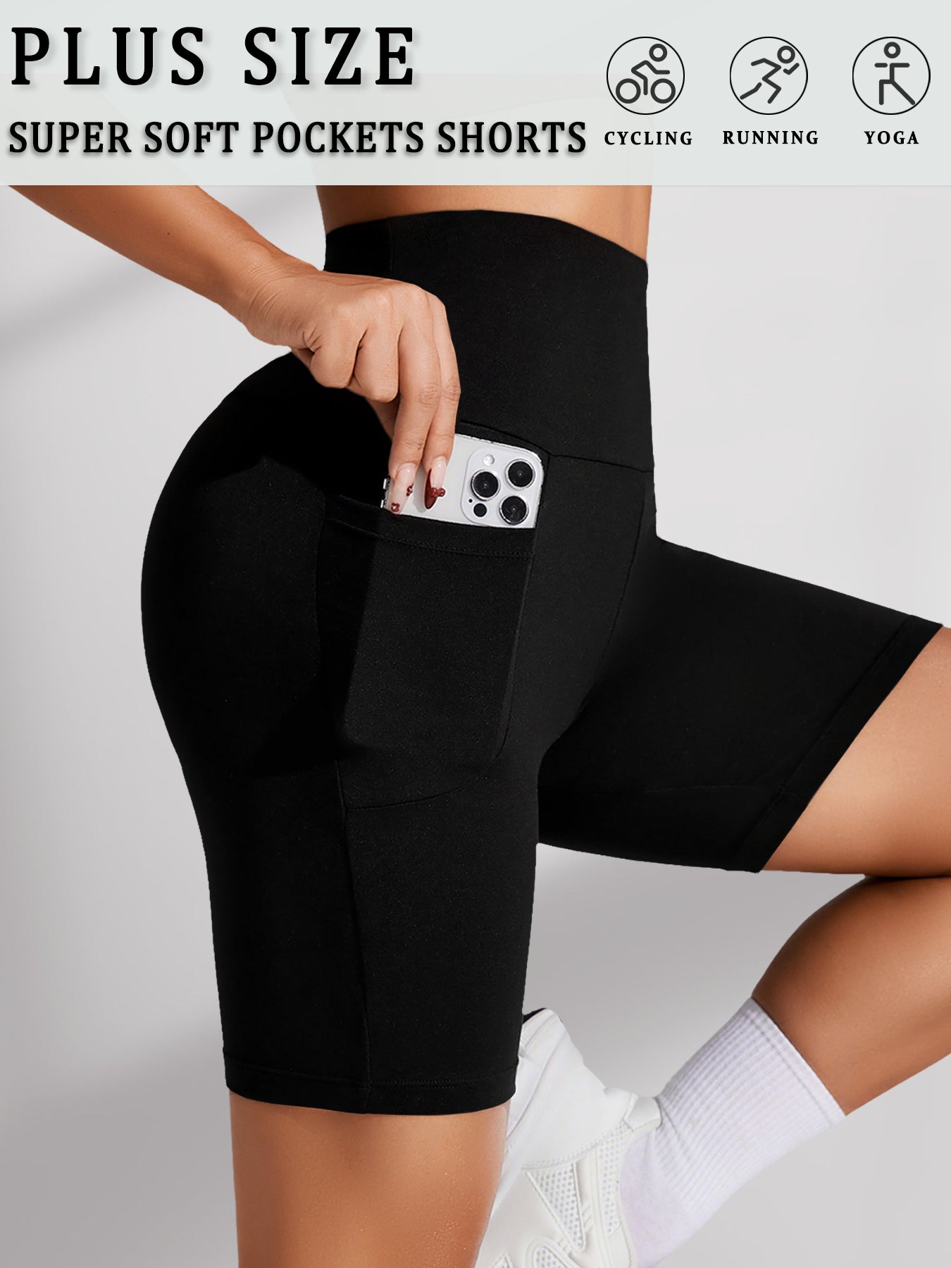 Plus Size Biker Shorts, High Waisted with Pockets, Super Soft Tummy Control, No See Through, for Womens Workout, Running