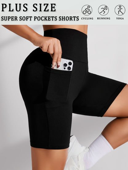 Plus Size Biker Shorts, High Waisted with Pockets, Super Soft Tummy Control, No See Through, for Womens Workout, Running