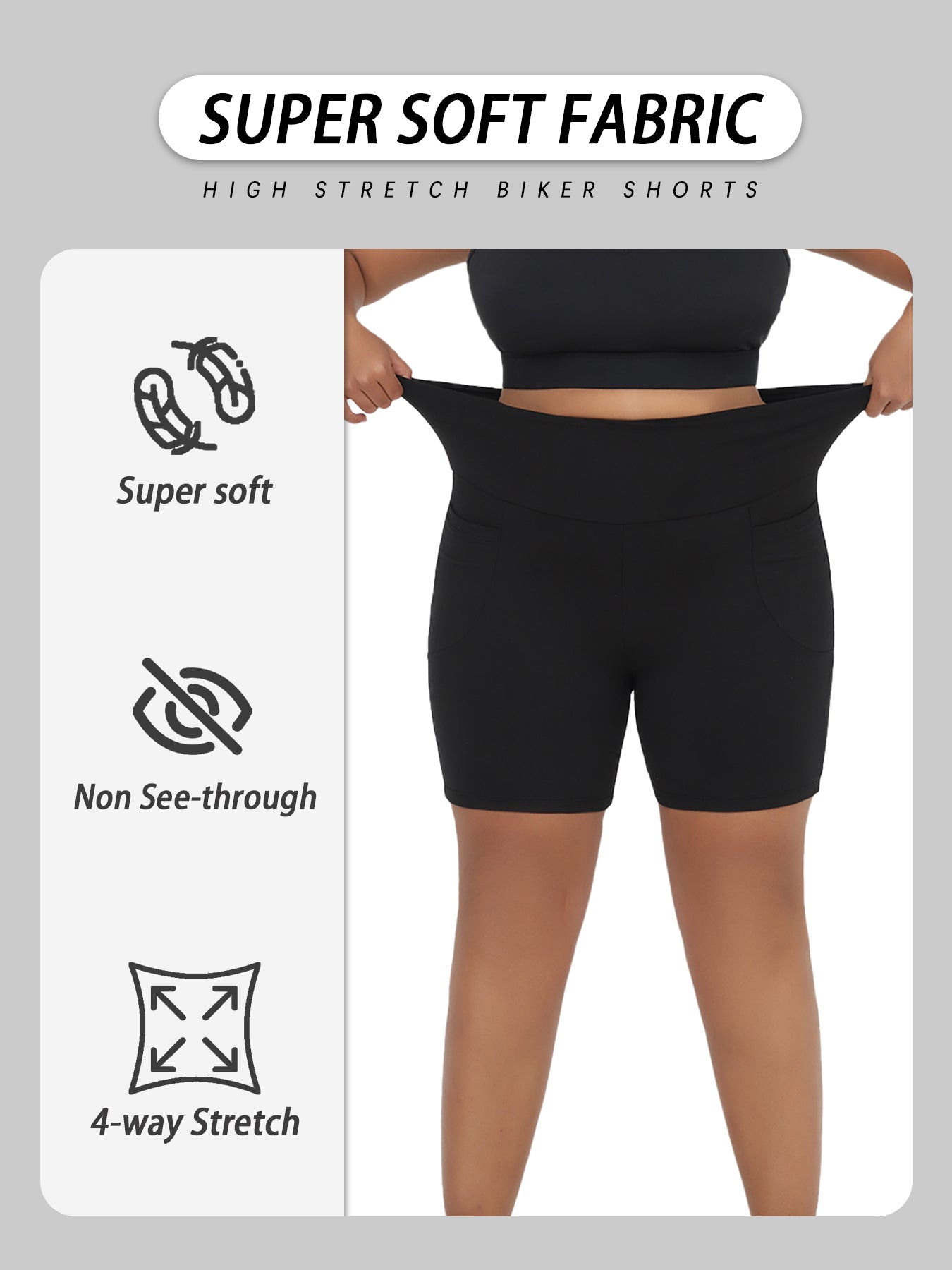 Plus Size Biker Shorts, High Waisted with Pockets, Super Soft Tummy Control, No See Through, for Womens Workout, Running