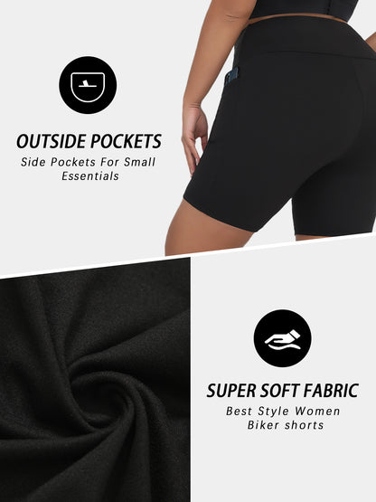 Plus Size Biker Shorts, High Waisted with Pockets, Super Soft Tummy Control, No See Through, for Womens Workout, Running