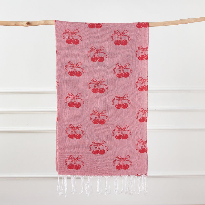 Turkish Bath Towel, Cherry Bow Beach Towel, Quick Drying, Fringed, for Sauna and Children