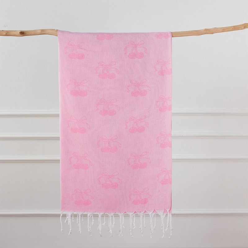 Turkish Bath Towel, Cherry Bow Beach Towel, Quick Drying, Fringed, for Sauna and Children