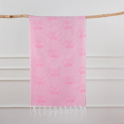 Turkish Bath Towel, Cherry Bow Beach Towel, Quick Drying, Fringed, for Sauna and Children
