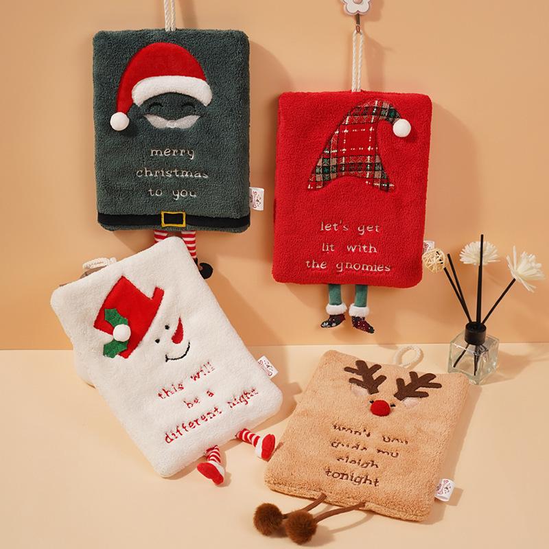 Christmas Hand Towel, Thickened Cartoon Kitchen Towel, Absorbent Quick Drying Rag, Coral Fleece Hanging Type