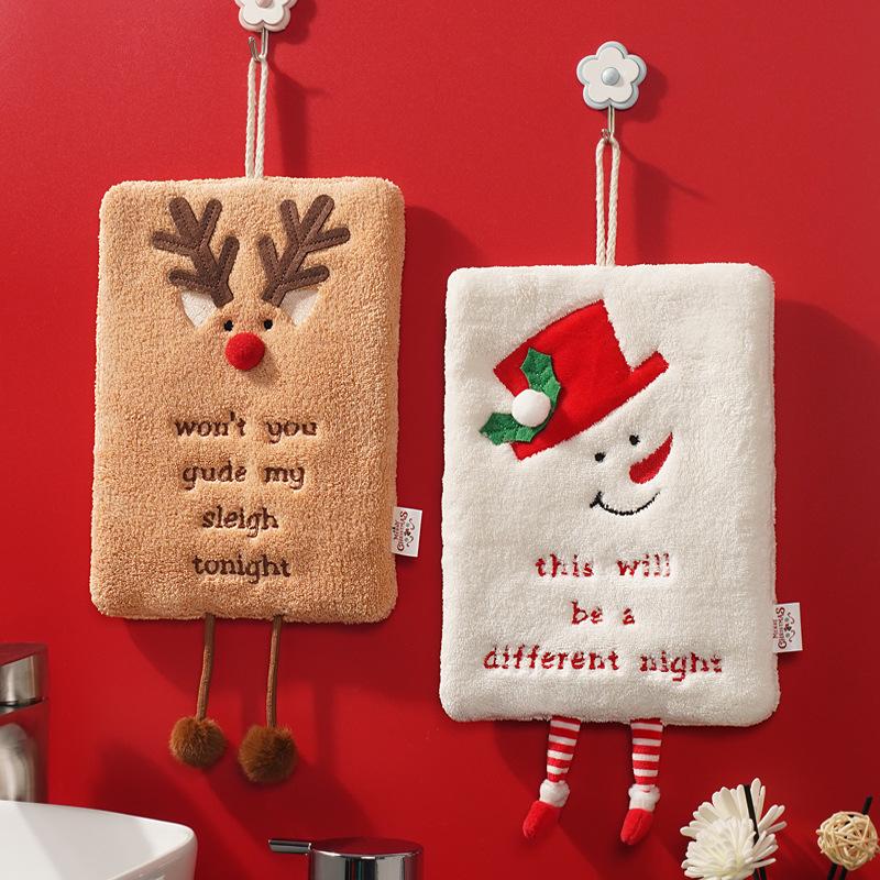 Christmas Hand Towel Thickened Cartoon Kitchen Towel Absorbent Quick Drying Rag Coral Fleece Hangin 3