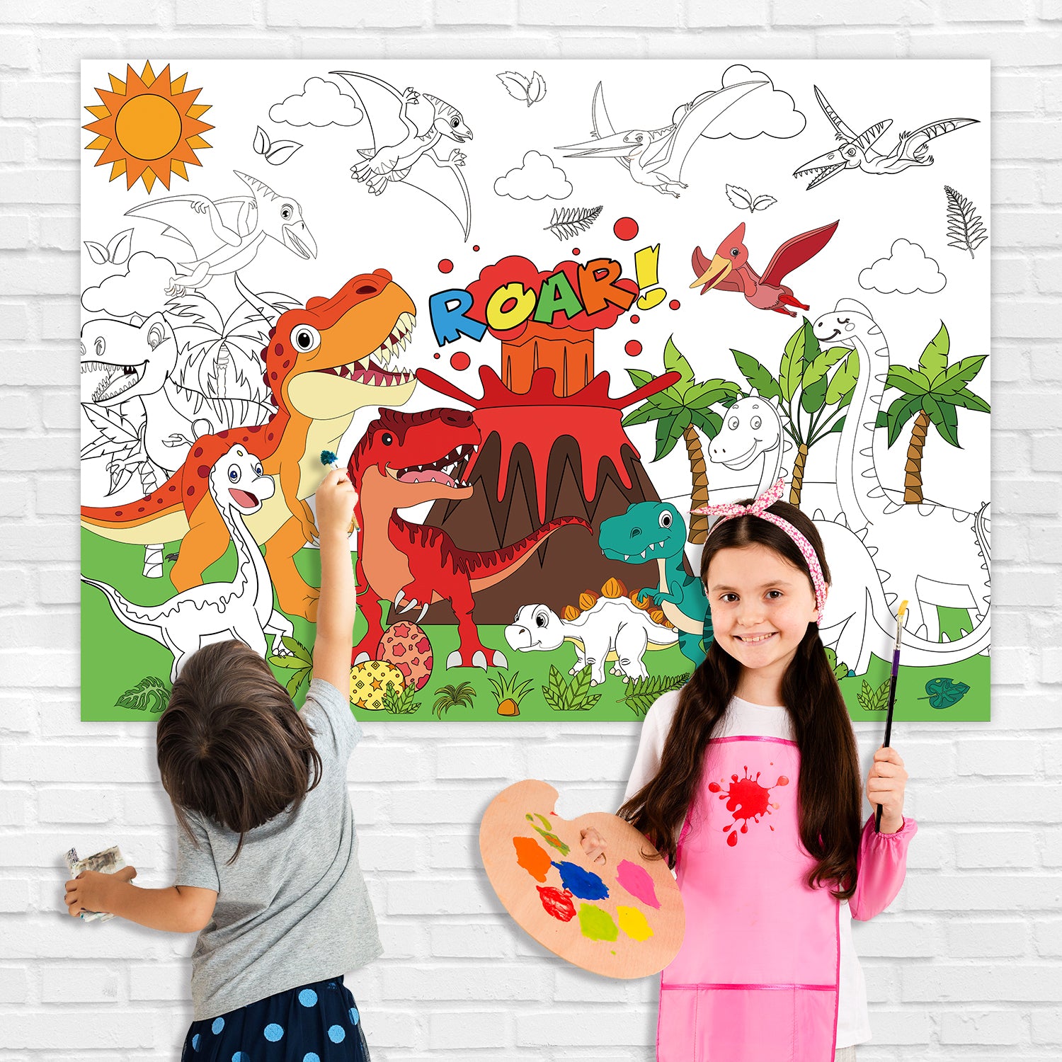 Dinosaur World Coloring Tablecloth, Large Kids Activity Mat, Birthday Party Supplies, Creative Gift and Favor