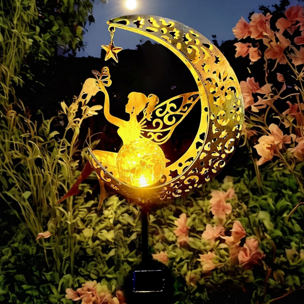 Fairy Moon Figurine Light Stake Ornament, Solar Garden Statues Outdoor Decor, Patio Lawn Yard Gift for Mom