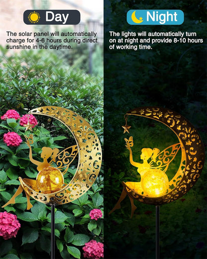 Fairy Moon Figurine Light Stake Ornament, Solar Garden Statues Outdoor Decor, Patio Lawn Yard Gift for Mom