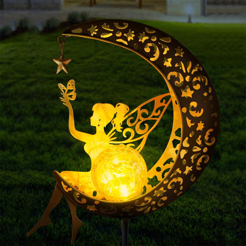 Fairy Moon Figurine Light Stake Ornament, Solar Garden Statues Outdoor Decor, Patio Lawn Yard Gift for Mom