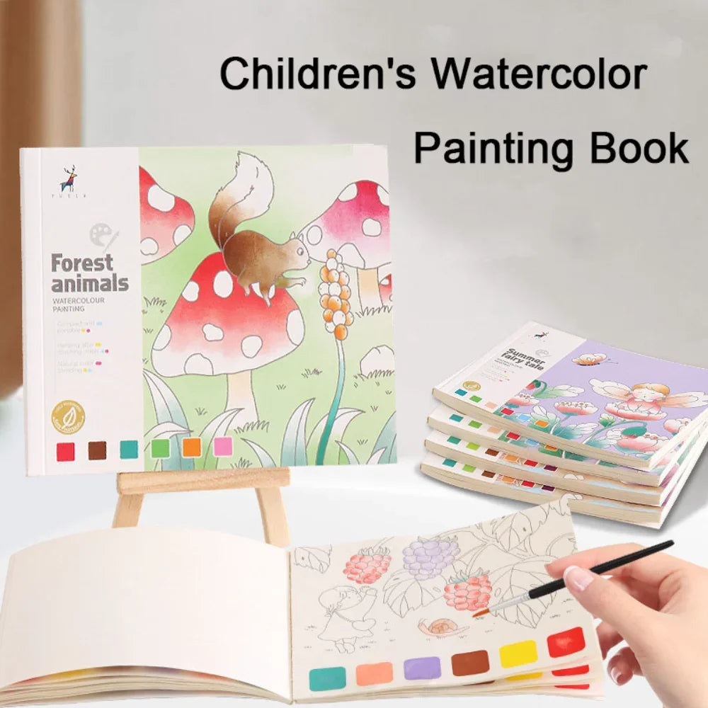 Creative Watercolor Painting Book for Kids, DIY Art Toy, Fairy Tale Animal and Flowers Gouache Drawing Kit