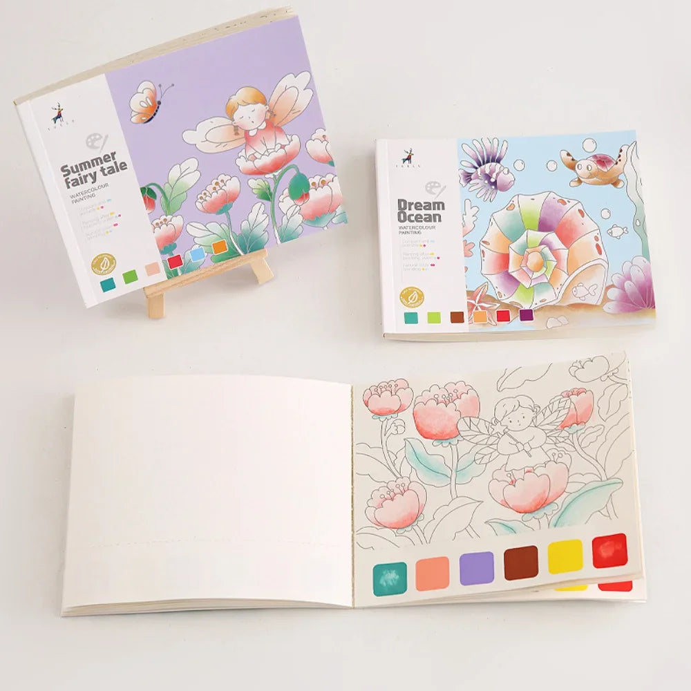 Creative Watercolor Painting Book for Kids, DIY Art Toy, Fairy Tale Animal and Flowers Gouache Drawing Kit