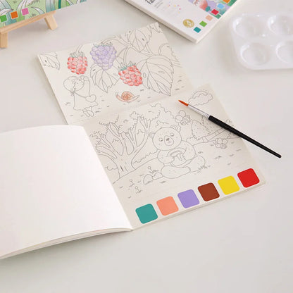 Creative Watercolor Painting Book for Kids, DIY Art Toy, Fairy Tale Animal and Flowers Gouache Drawing Kit