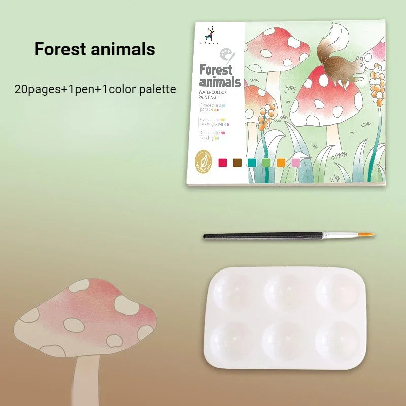 Creative Watercolor Painting Book for Kids, DIY Art Toy, Fairy Tale Animal and Flowers Gouache Drawing Kit