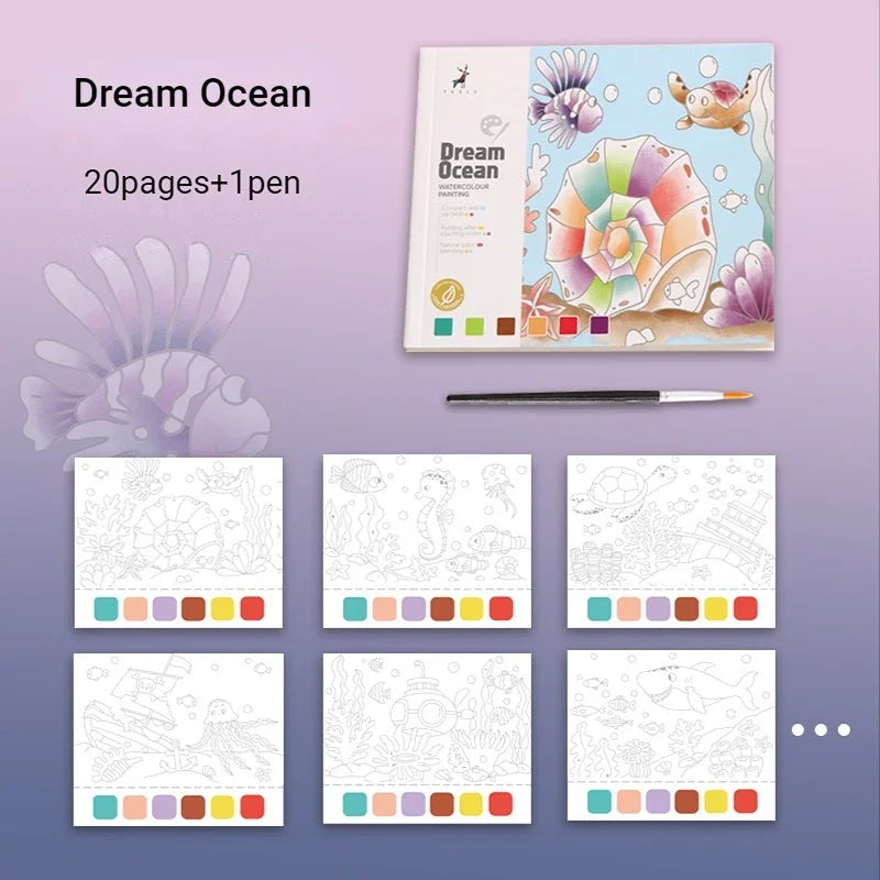 Creative Watercolor Painting Book for Kids, DIY Art Toy, Fairy Tale Animal and Flowers Gouache Drawing Kit