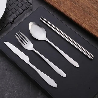 TravelMate 4-Piece Stainless Steel Cutlery Set – Portable Spoon, Fork, Knife & Chopsticks with Storage Case