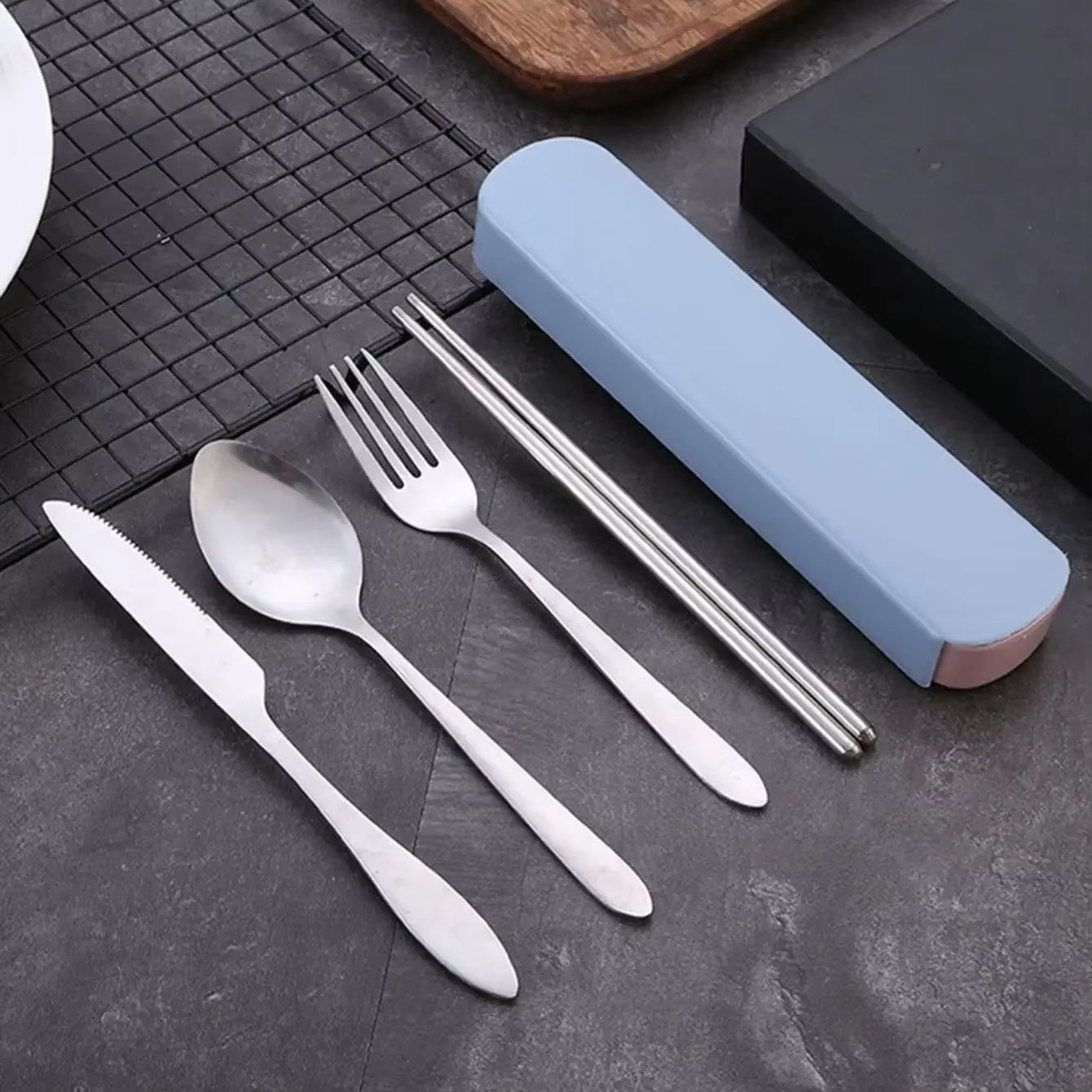 TravelMate 4Piece Stainless Steel Cutlery Set  Portable Spoon Fork Knife  Chopsticks With Storage C 8