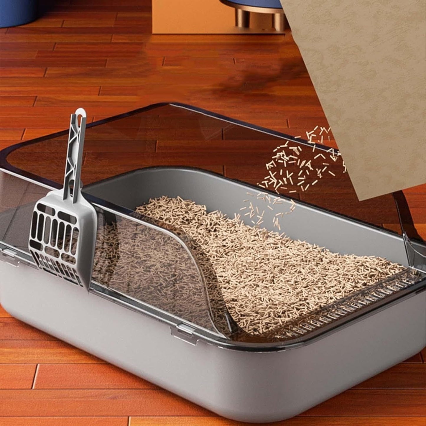 Semi Enclosed Cat Litter Box Splashproof Kitty Toilet With Cleaning Basin 2