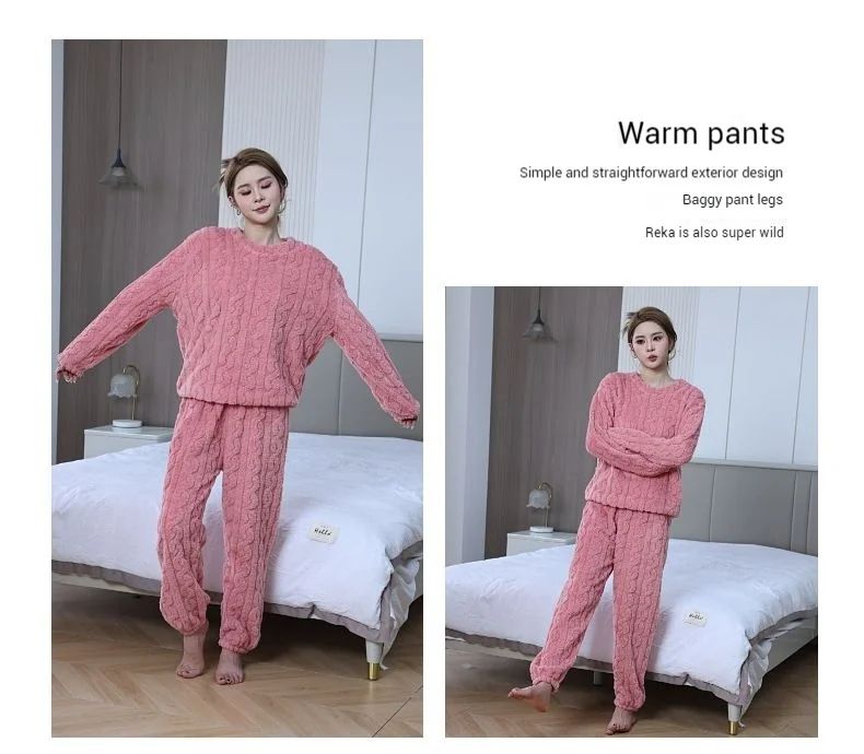 Soft Coral Velvet Pajamas Set For Women Warm Jacquard Lounge Wear Cozy Winter Outerwear Christmas W