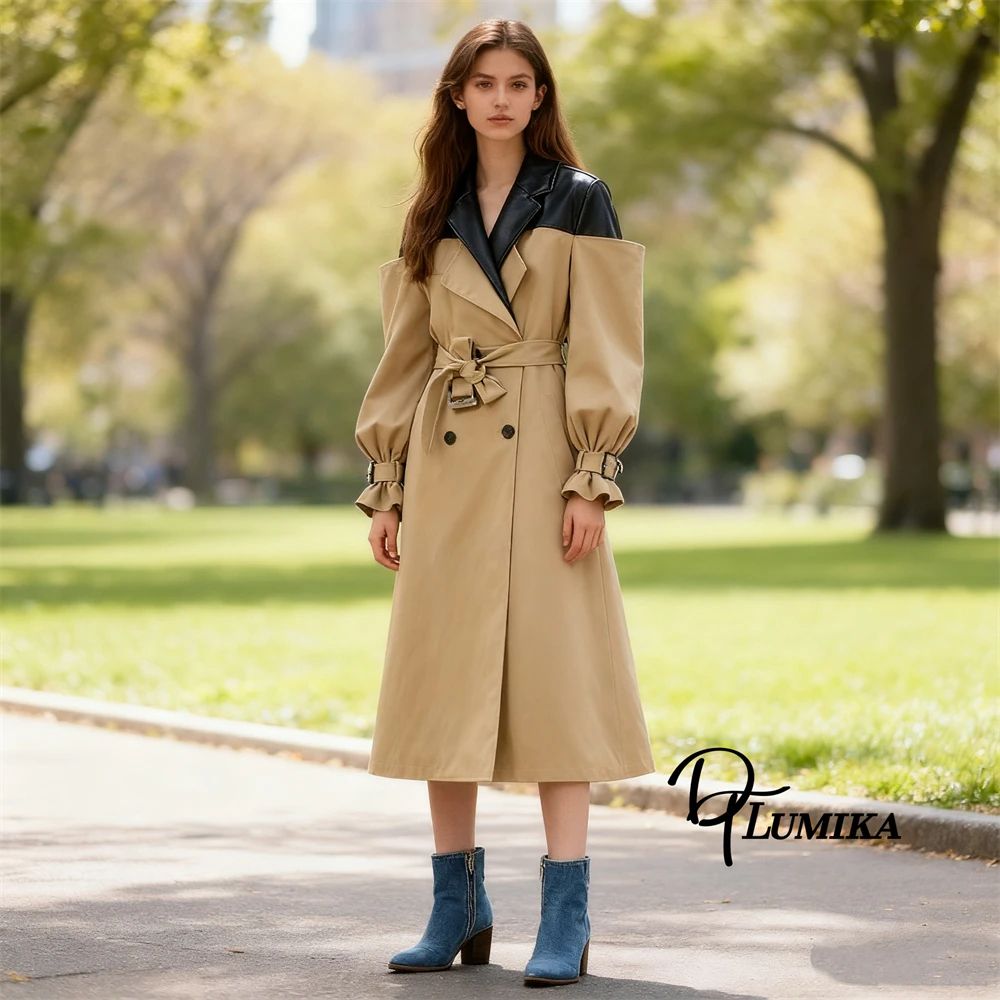 Elegant Office Lady Genuine Leather Trench Coat, Double Breasted Streetwear, Slim Belt, Fashion Patchwork Women Overcoat