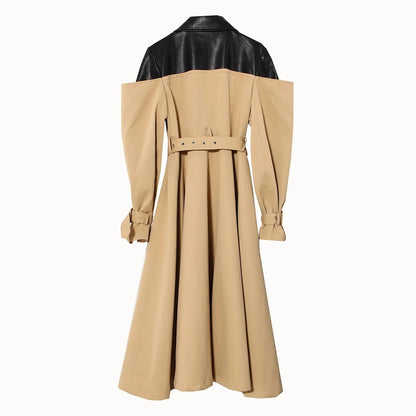 Elegant Office Lady Genuine Leather Trench Coat Double Breasted Streetwear Slim Belt Fashion Patchw 2