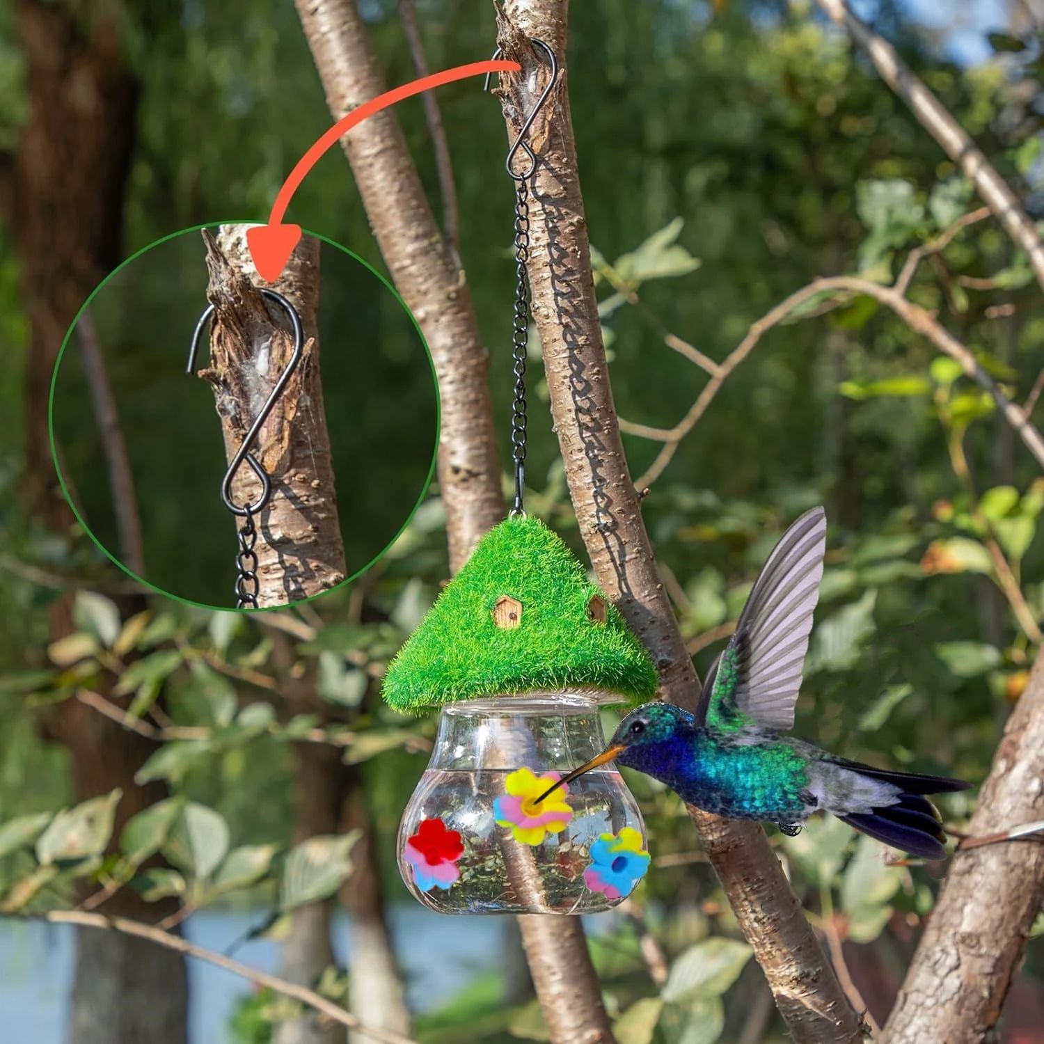 Hanging Hummingbird Feeder With Wind Chime And Mushroom Design 2