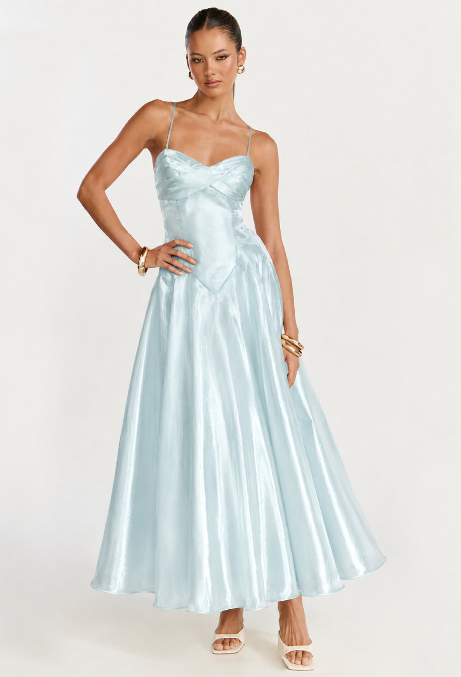 Jamiah Mint Blue Satin Midi Dress