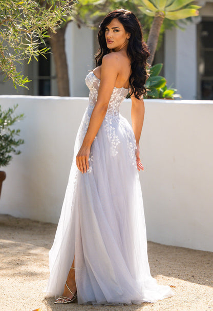 SOLAINE GOWN HAZE BLUE STRAPLESS BUSTIER CORSET A- DRESS