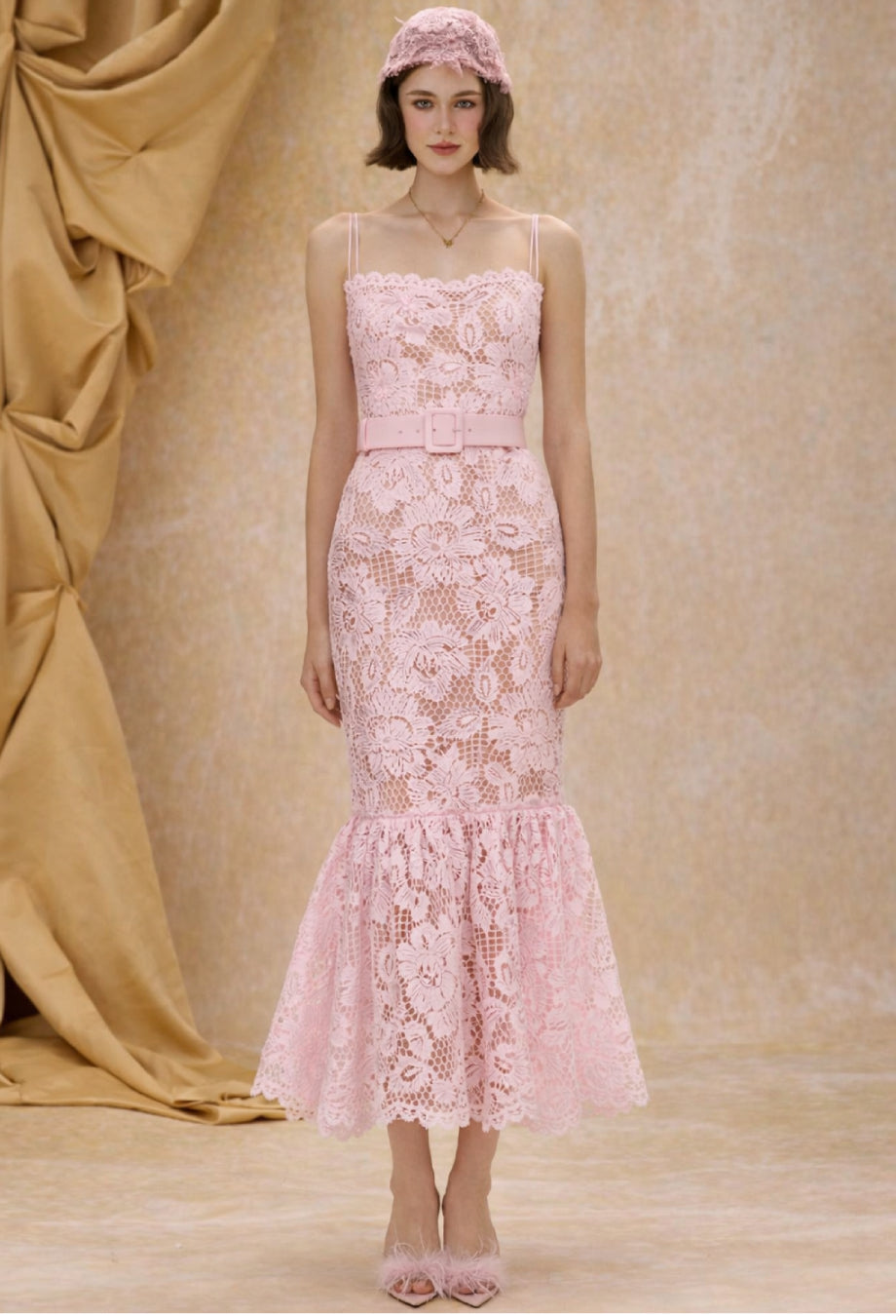 Lolita Pink Crochet Lace Midi Dress