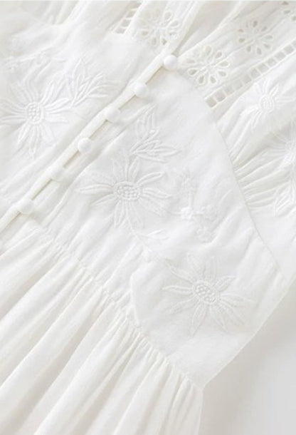 Long Sleeve Floral Embroidered Midi Dress White