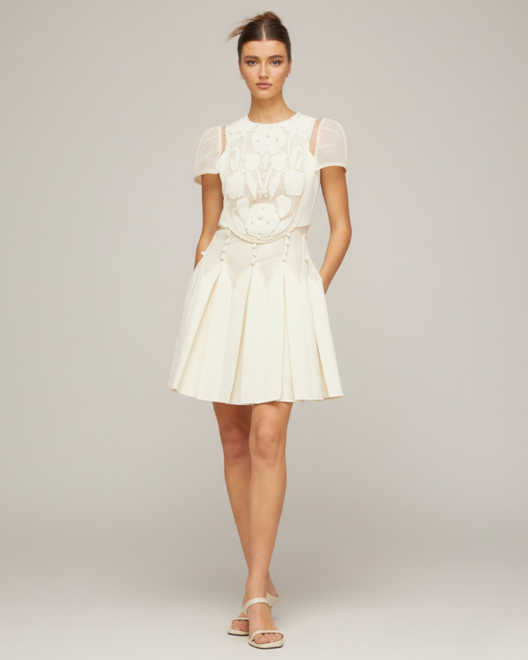 Lucienne 3D Floral Short-Sleeve Mini Dress Ivory