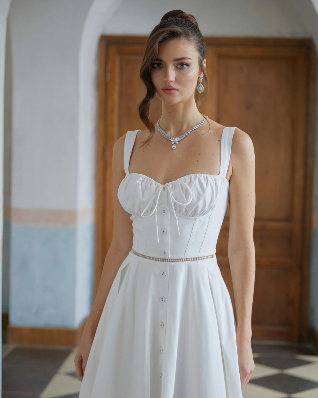 Madelyn Button Front Midi Dress White