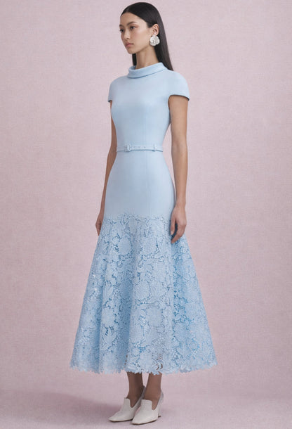 Mariella Crepe Lace Midi Dress Baby Blue