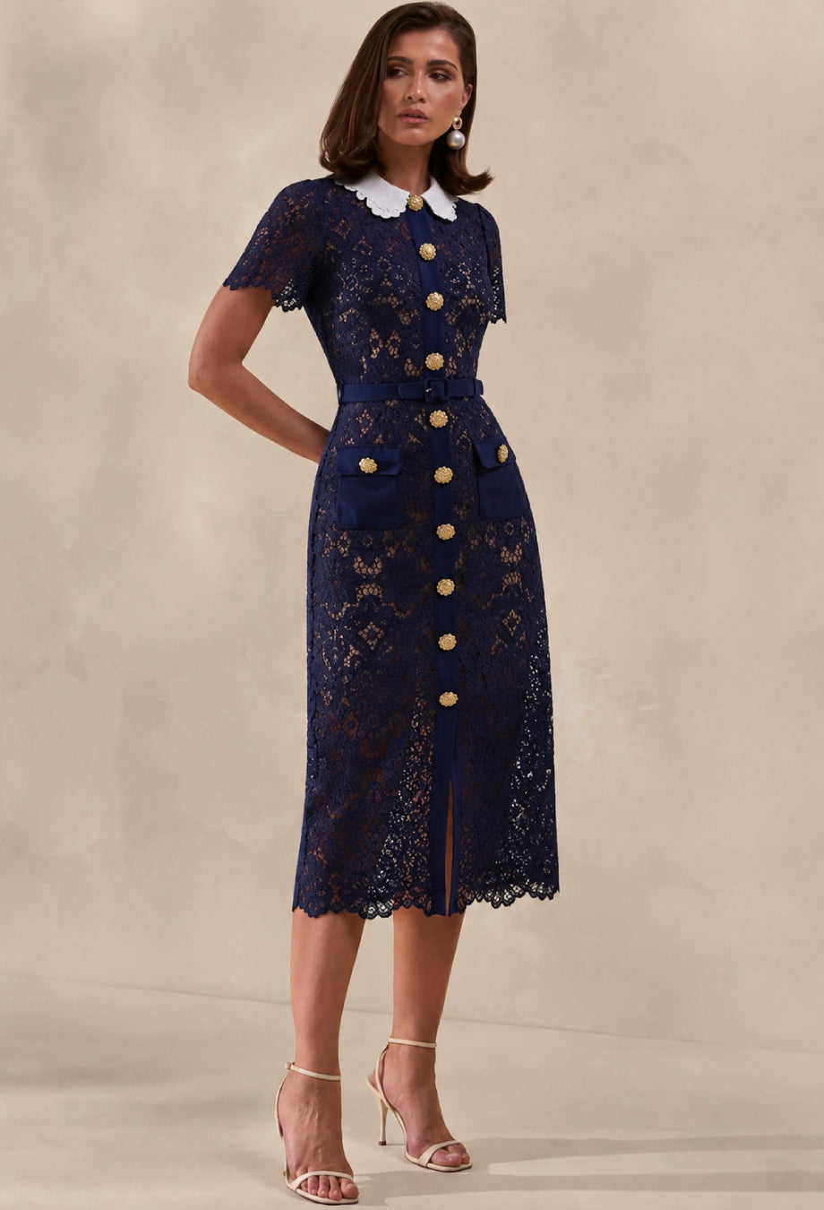 Milena Navy Lace Floral Collar Midi Dress With Short Sleeves
