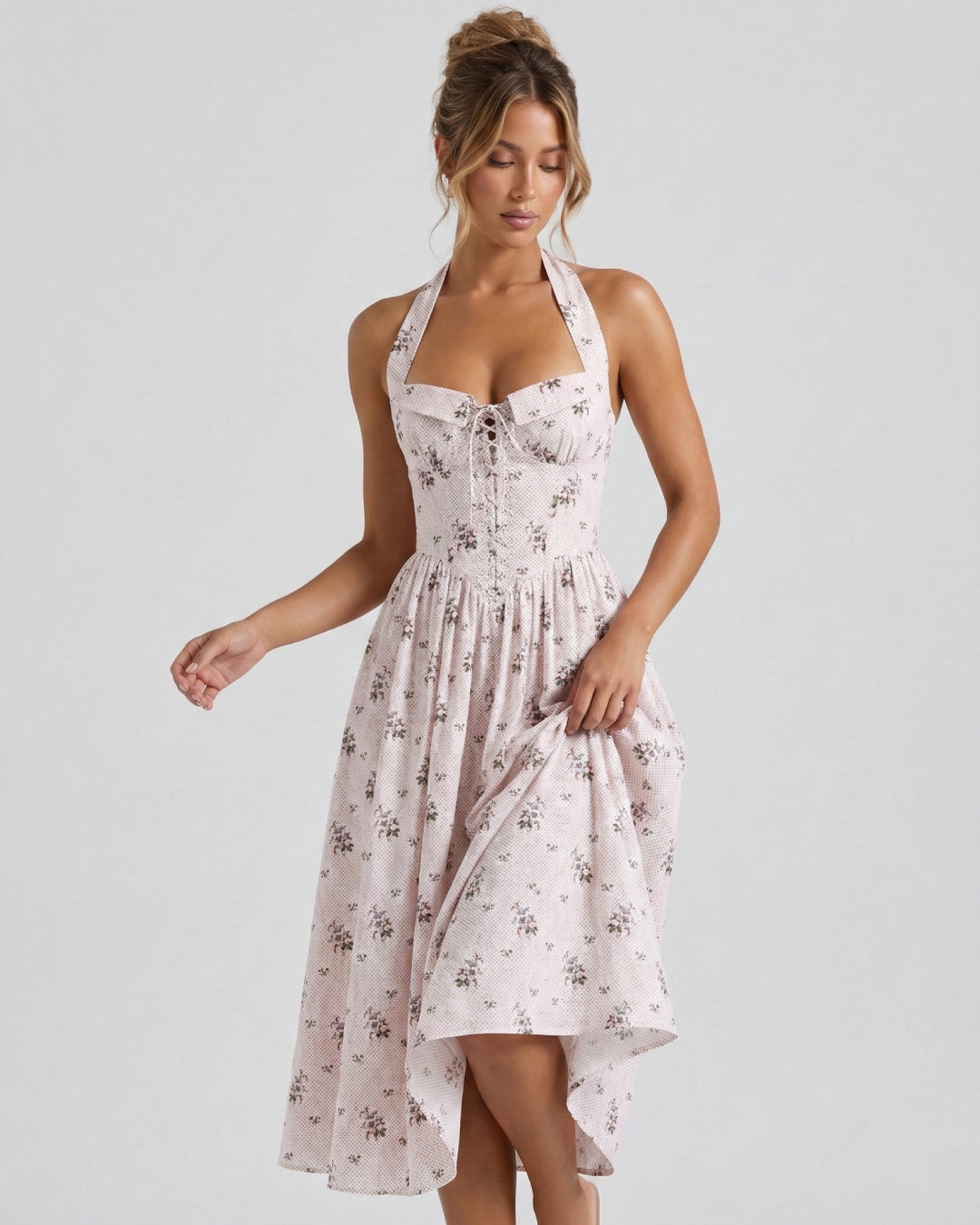 Minerva Cotton Halter Neck Midi Dress Floral Print